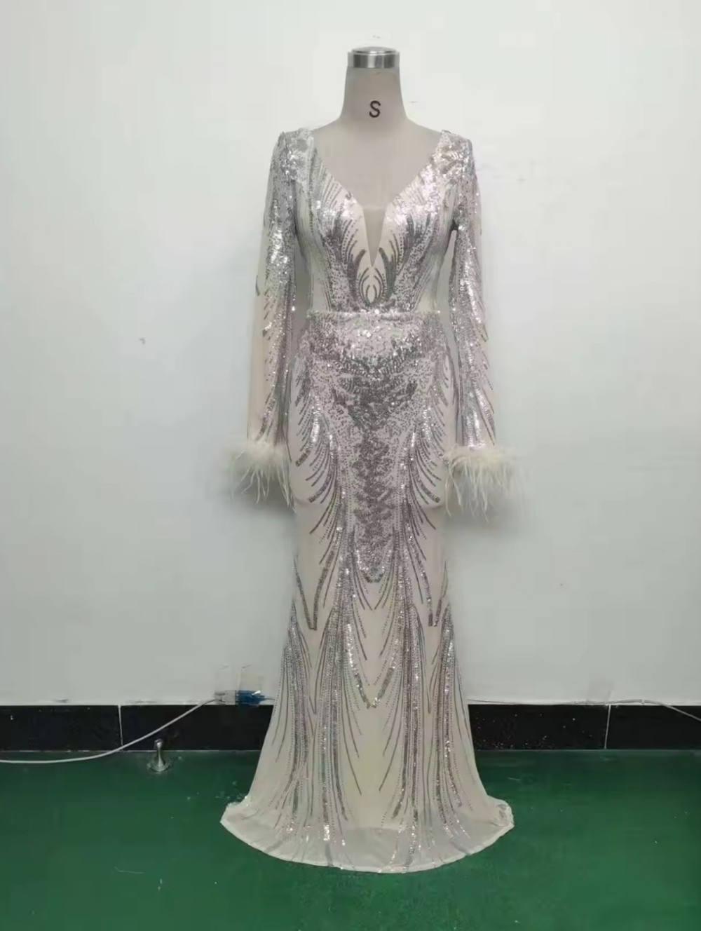 Sequin Silver & Cream Long-Sleeve Evening Gown With Ostrich Feathers - Picture 13 of 16